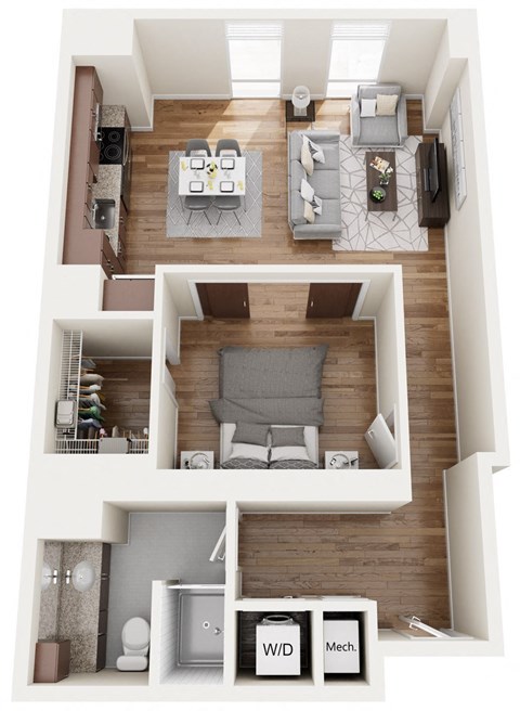 Floor plan for 1 bed, 1 bath, 760 sqft